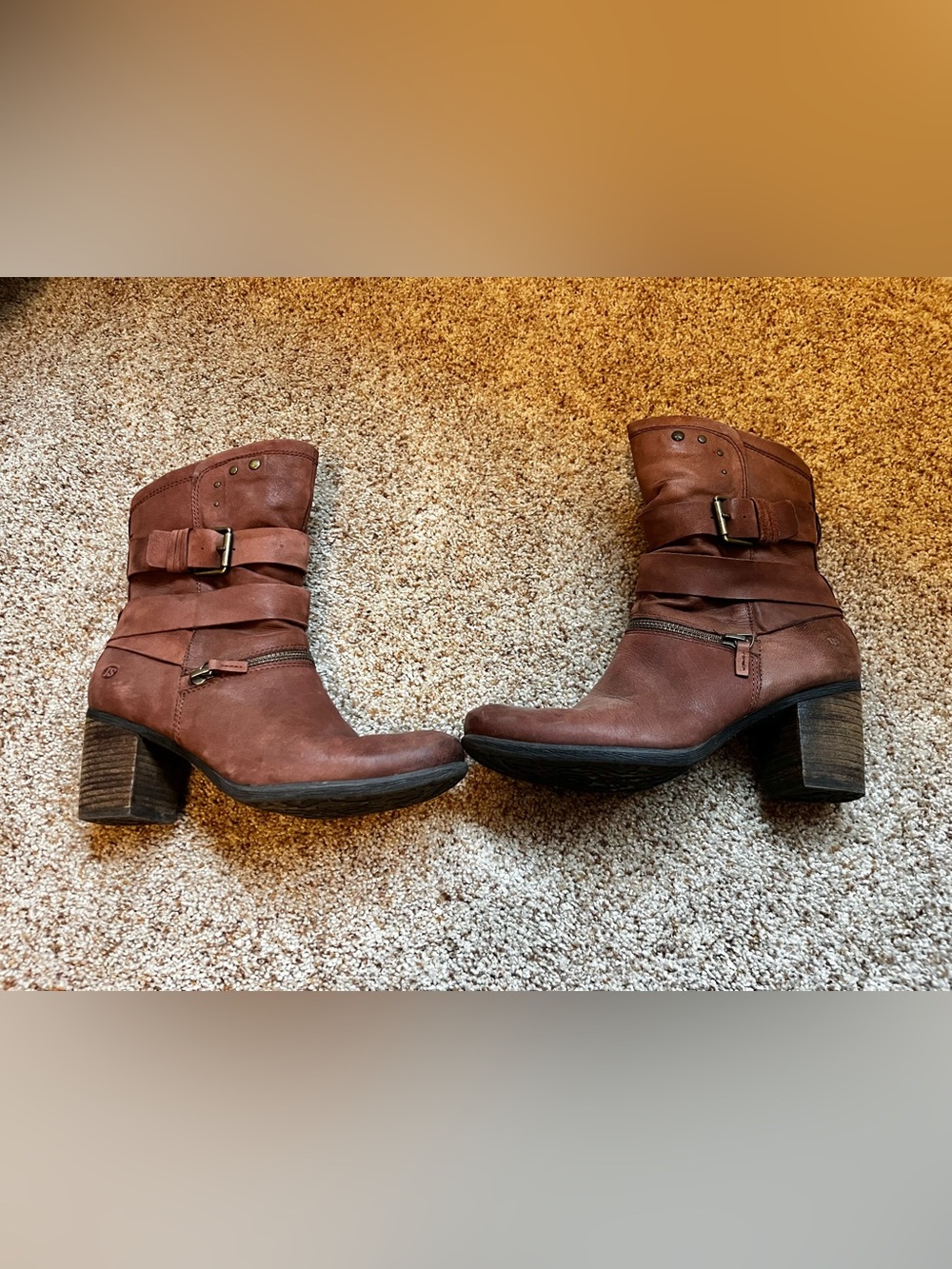 Josef Seibel Cognac Brown Leather Mid/lower-Calf Buckle Heeled Boots (women)